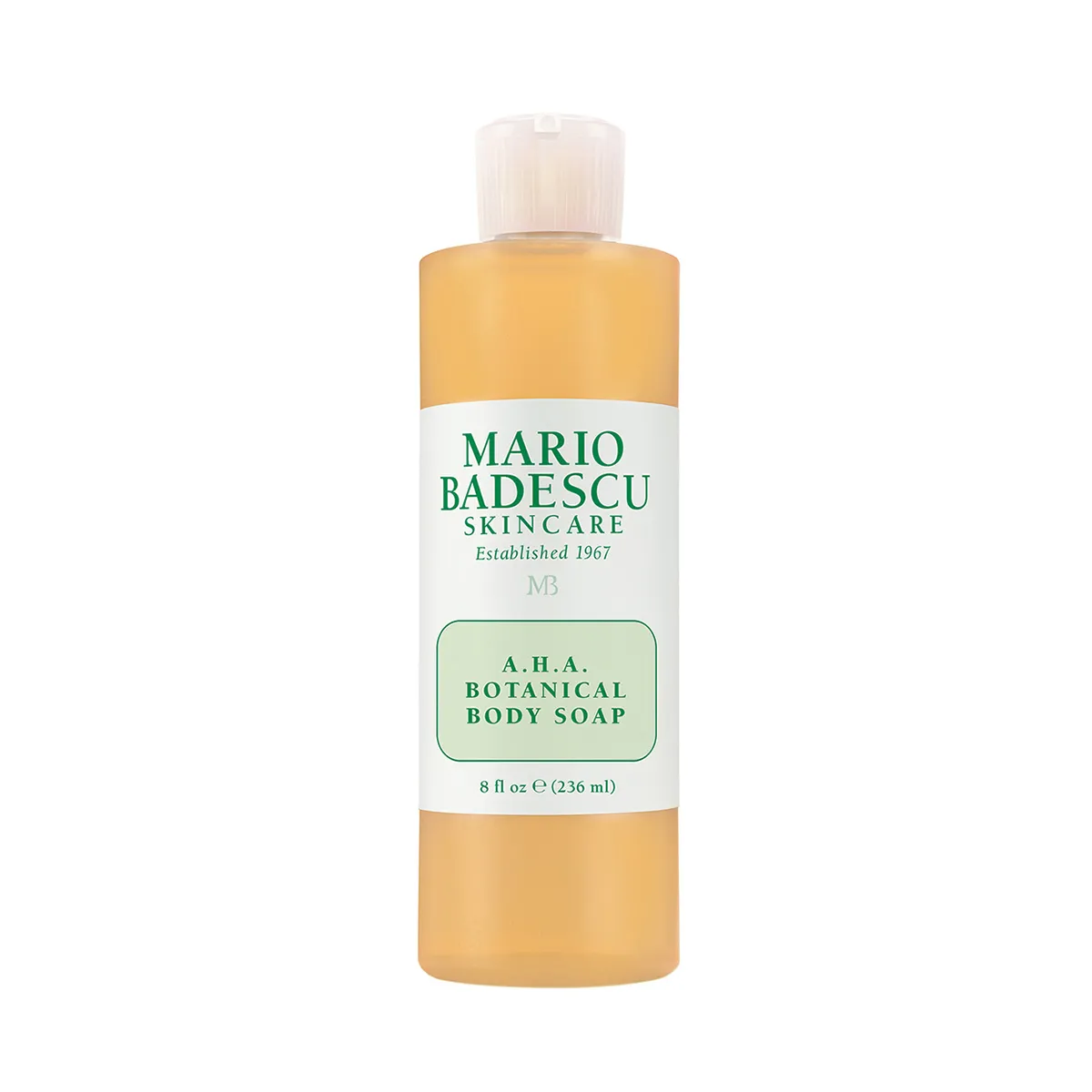 Flasche Mario Badescu A.H.A. Botanical Body Soap, 236 ml, auf weißem Hintergrund.