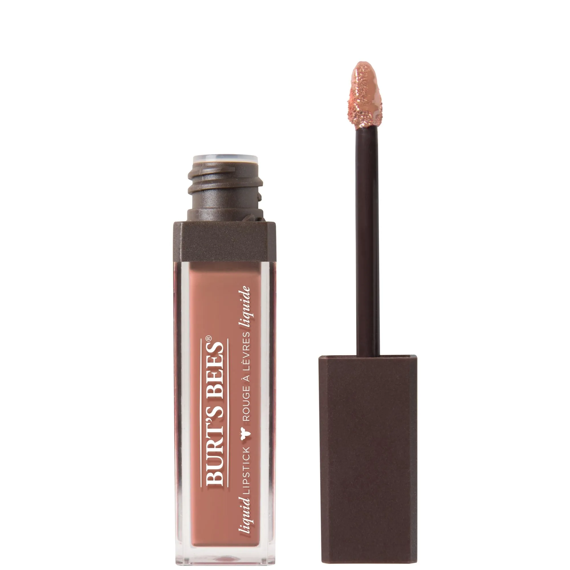Burt's Bees flüssiger Lippenstift in einem transparenten Behälter mit Applikator, Farbe: Nude.