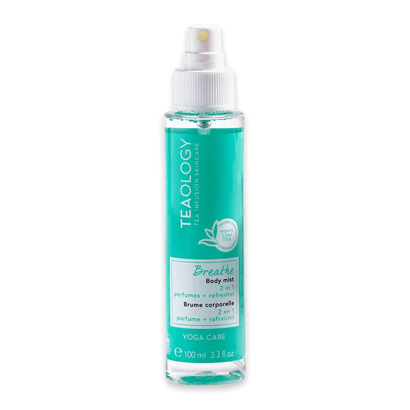 Teaology Breathe Body Mist 2-in-1, 100 ml, erfrischendes Körperparfüm in grünem Sprayflakon.