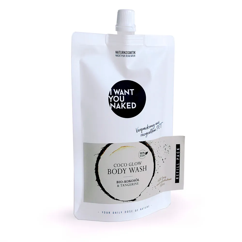 Nachfüllpackung 'Coco Glow Body Wash' von 'I Want You Naked' mit Bio-Kokosöl und Mandarine, 500 ml.