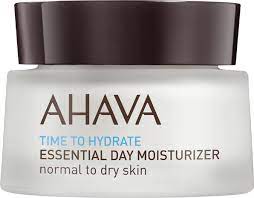 download-10LqfeVejQ8N6w AHAVA Time to Hydrate Essential Day Moisturizer für normale bis trockene Haut in einem weißen Tiegel mit braunem Deckel.