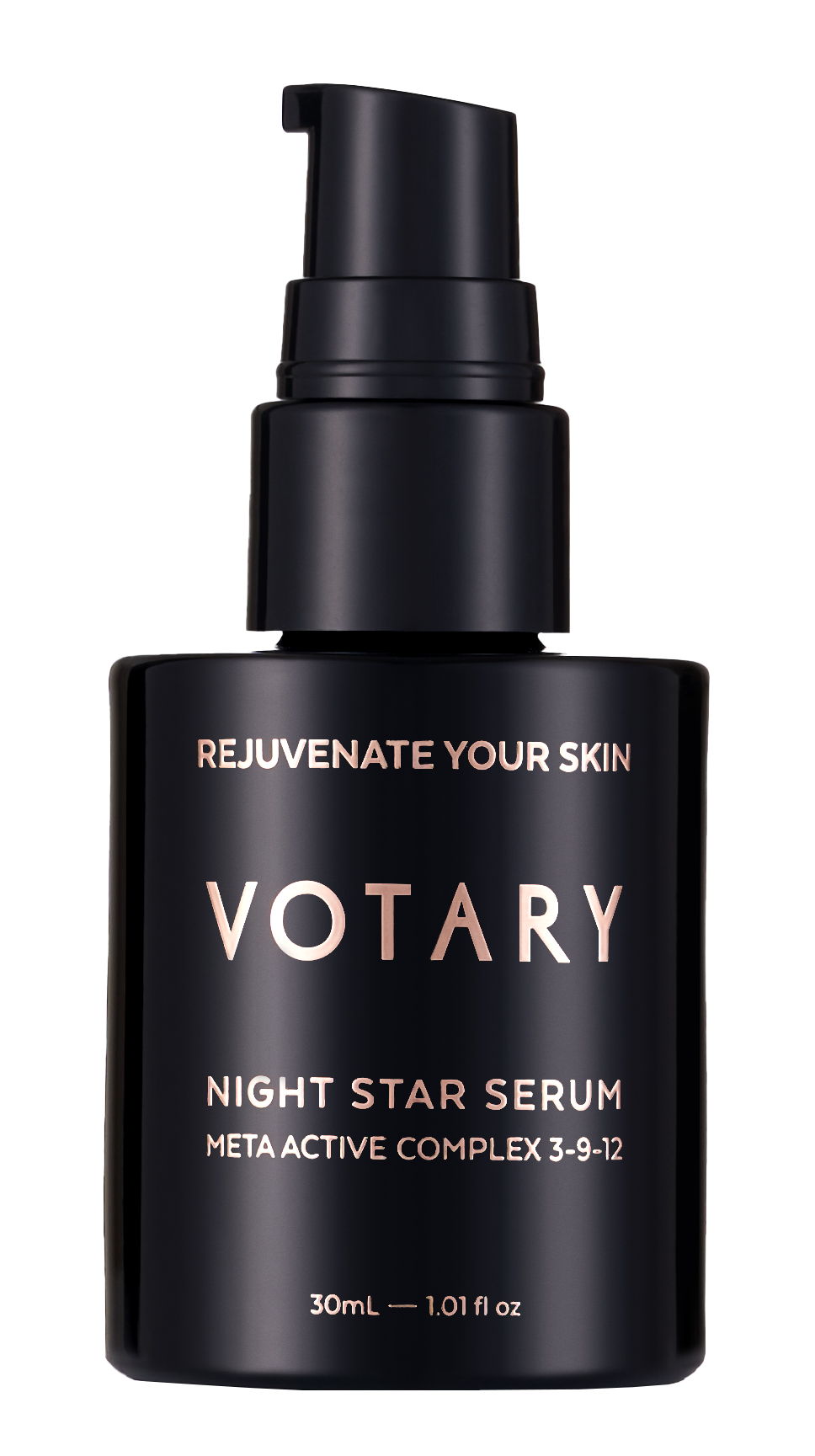 Night-Star-Serum Schwarze Flasche Votary Night Star Serum mit Meta Active Complex 3-9-12, 30ml. Text: 'Rejuvenate Your Skin'.