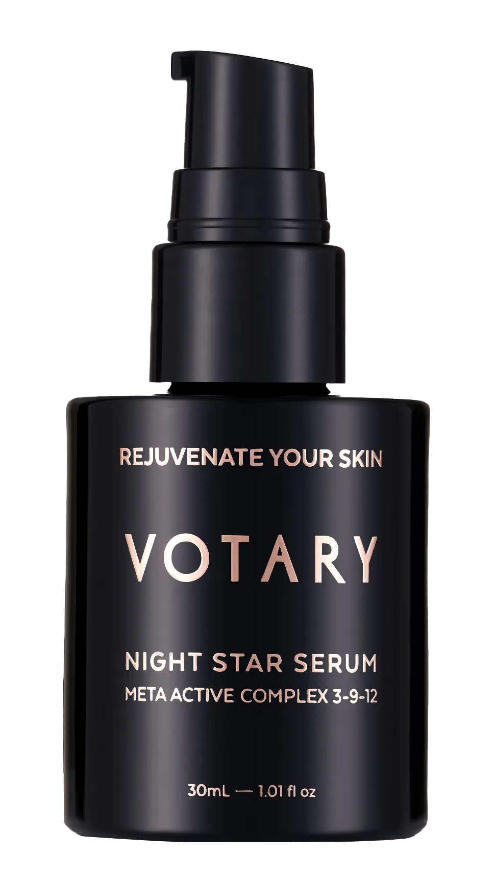 Schwarze Flasche Votary Night Star Serum mit Meta Active Complex 3-9-12, 30ml. Text: 'Rejuvenate Your Skin'.