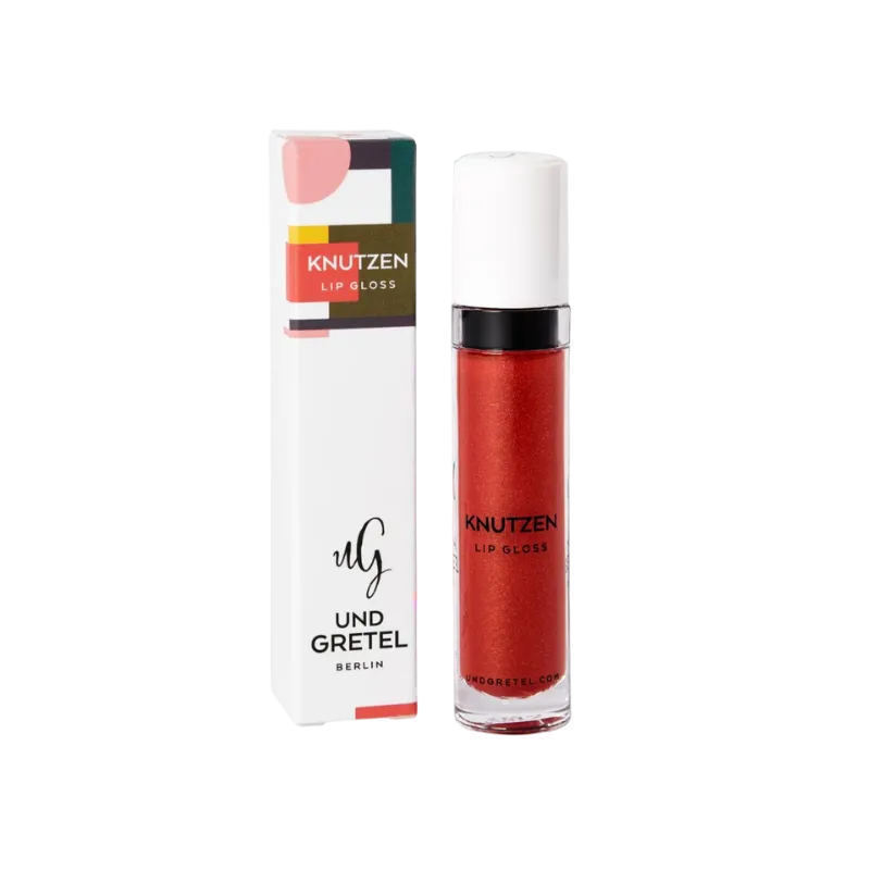 UND GRETEL KNUTZEN Lip Gloss 08 Sunrise Red Shimmer, Verpackung und Flasche, auf weißem Hintergrund.