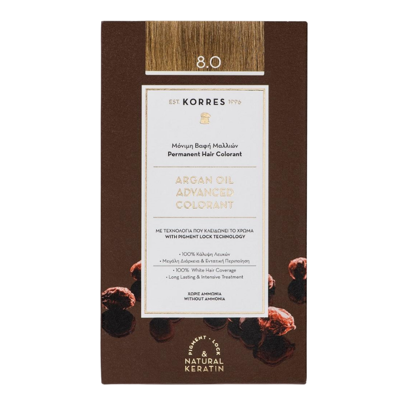 KORRES-ARGAN-OIL-HAIR-COLORANT-8-0-HELLBLOND KORRES Argan Oil Haarfarbe 8.0 Hellblond Verpackung, braun mit goldenen Akzenten und Text in Weiß.