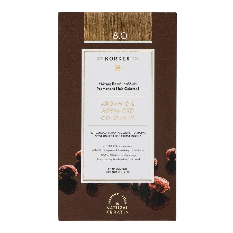 KORRES Argan Oil Haarfarbe 8.0 Hellblond Verpackung, braun mit goldenen Akzenten und Text in Weiß.