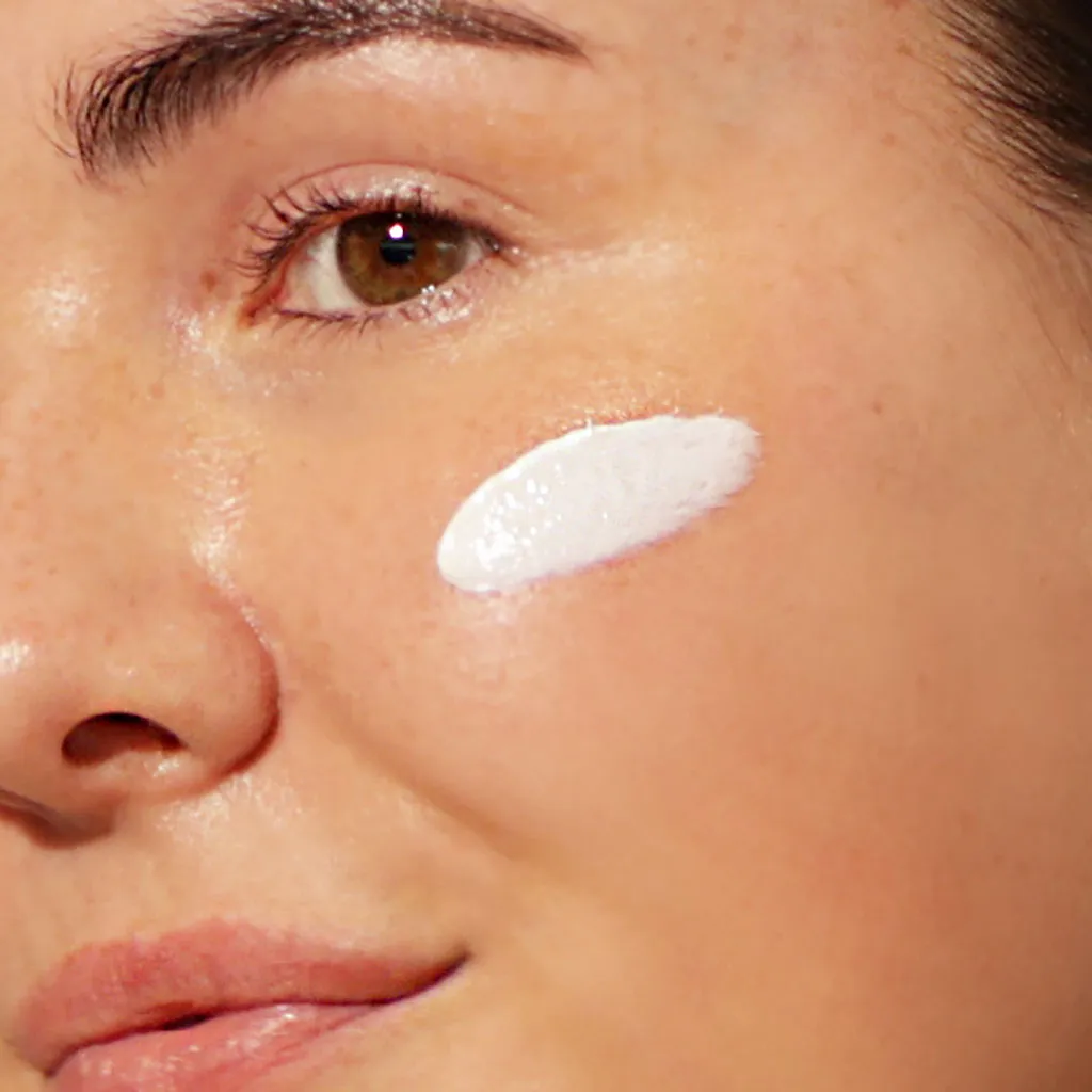 Nahaufnahme eines Gesichts mit aufgetragener Sonnencreme auf der Wange.