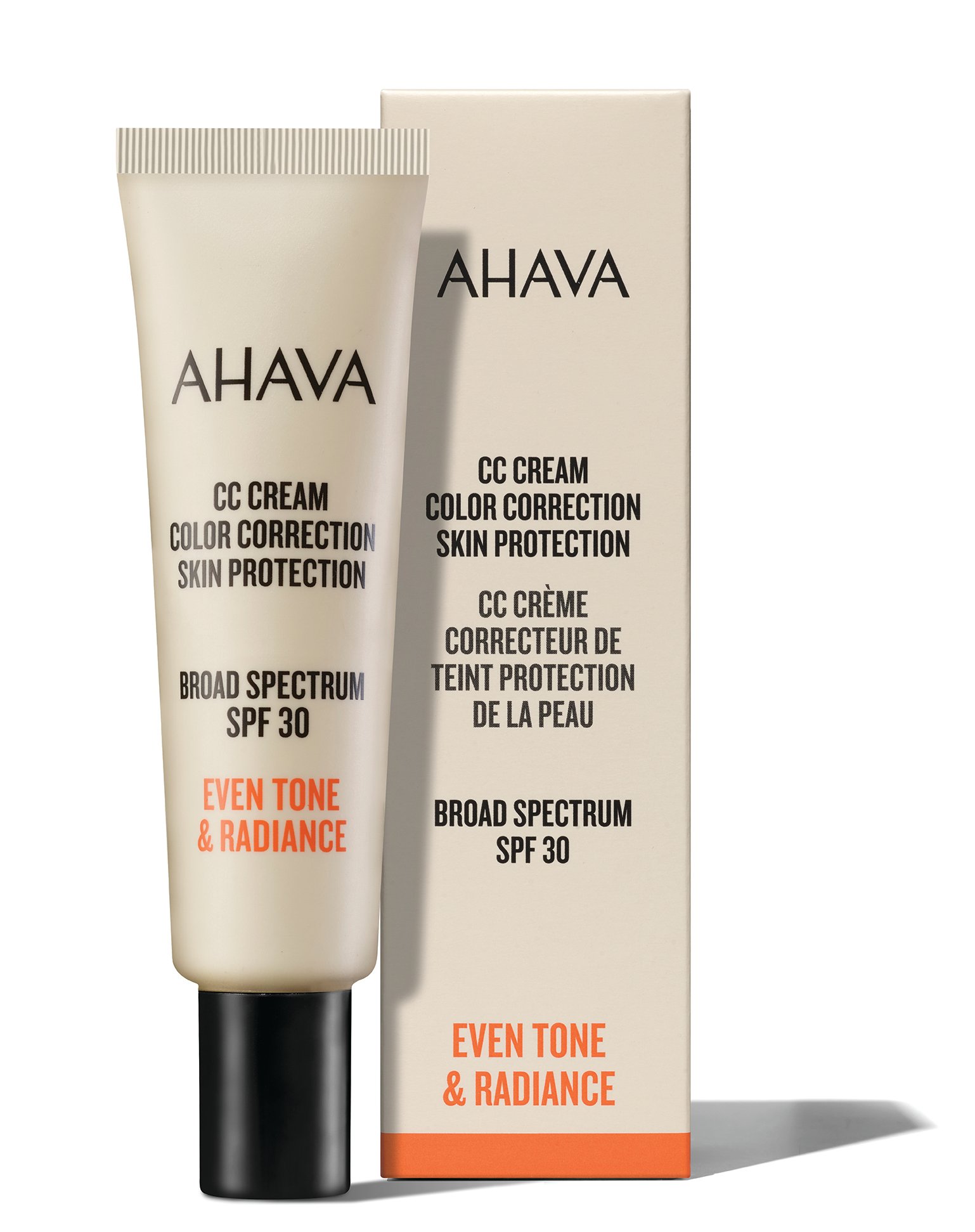 0697045159925 AHAVA CC Cream mit SPF 30, Verpackung und Tube, für gleichmäßigen Hautton und Strahlkraft.