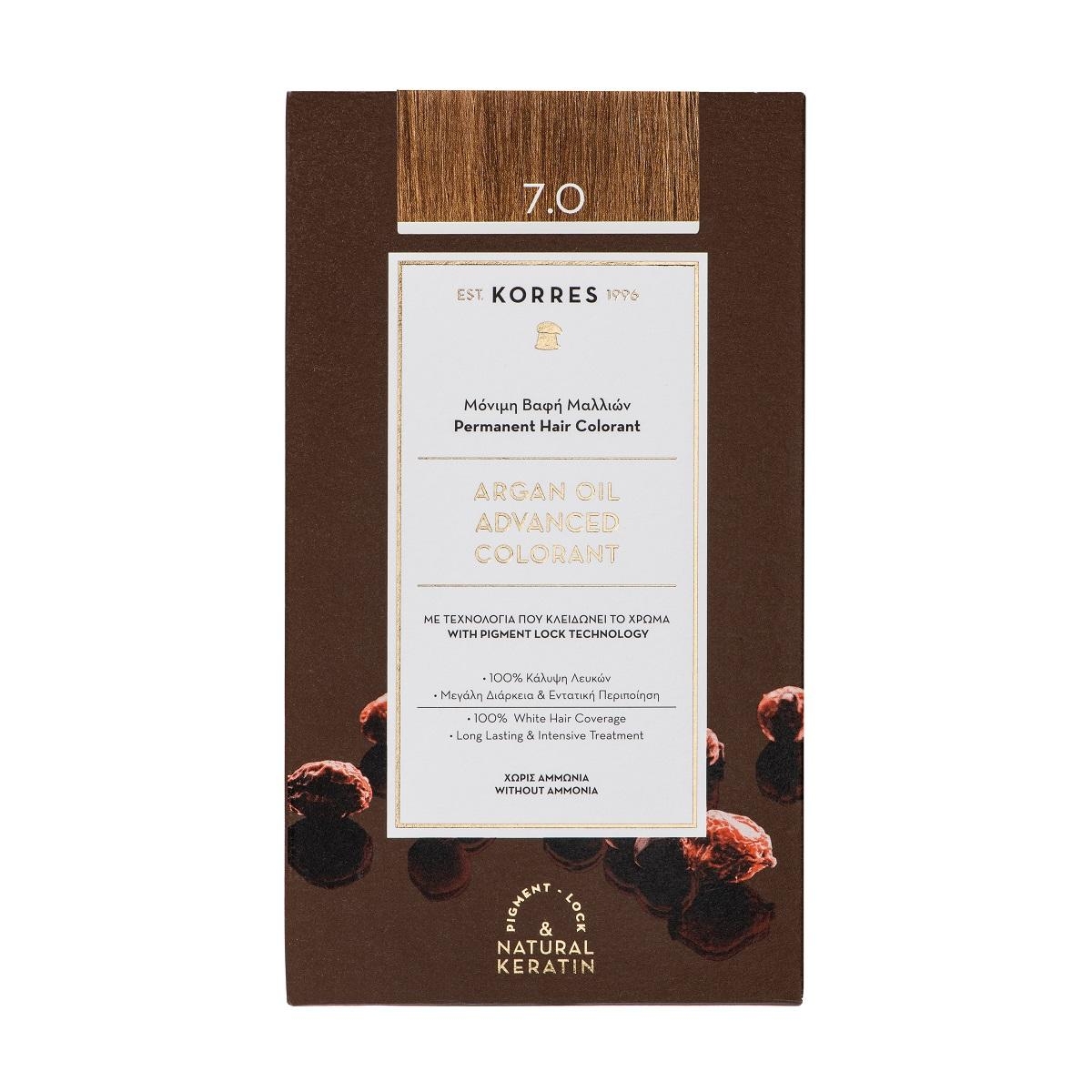 image_121995_1 Verpackung von Korres Argan Oil Advanced Colorant, permanente Haarfarbe, Farbton 7.0, mit Pigment-Lock-Technologie.