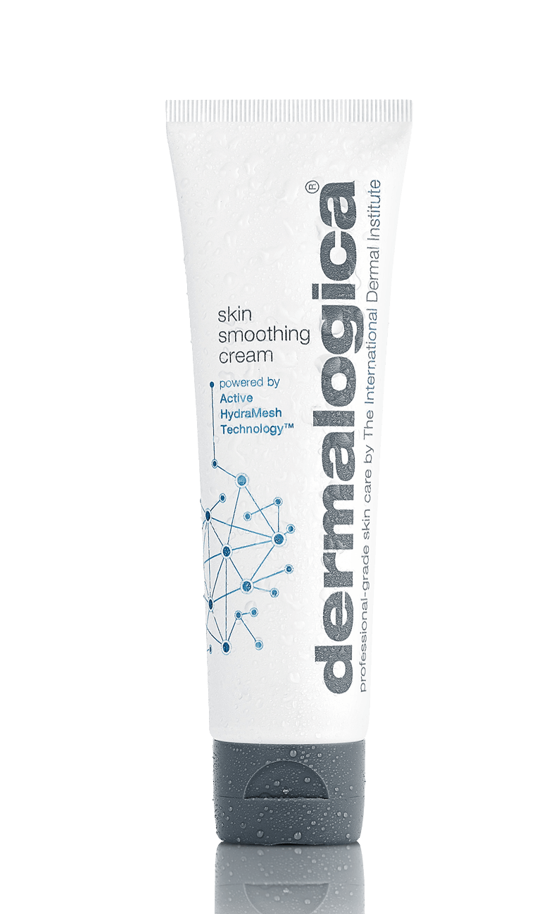 Dermalogica Skin Smoothing Cream 1,7 oz Tube mit Wassertropfen, Active HydraMesh Technology, weißer Hintergrund.