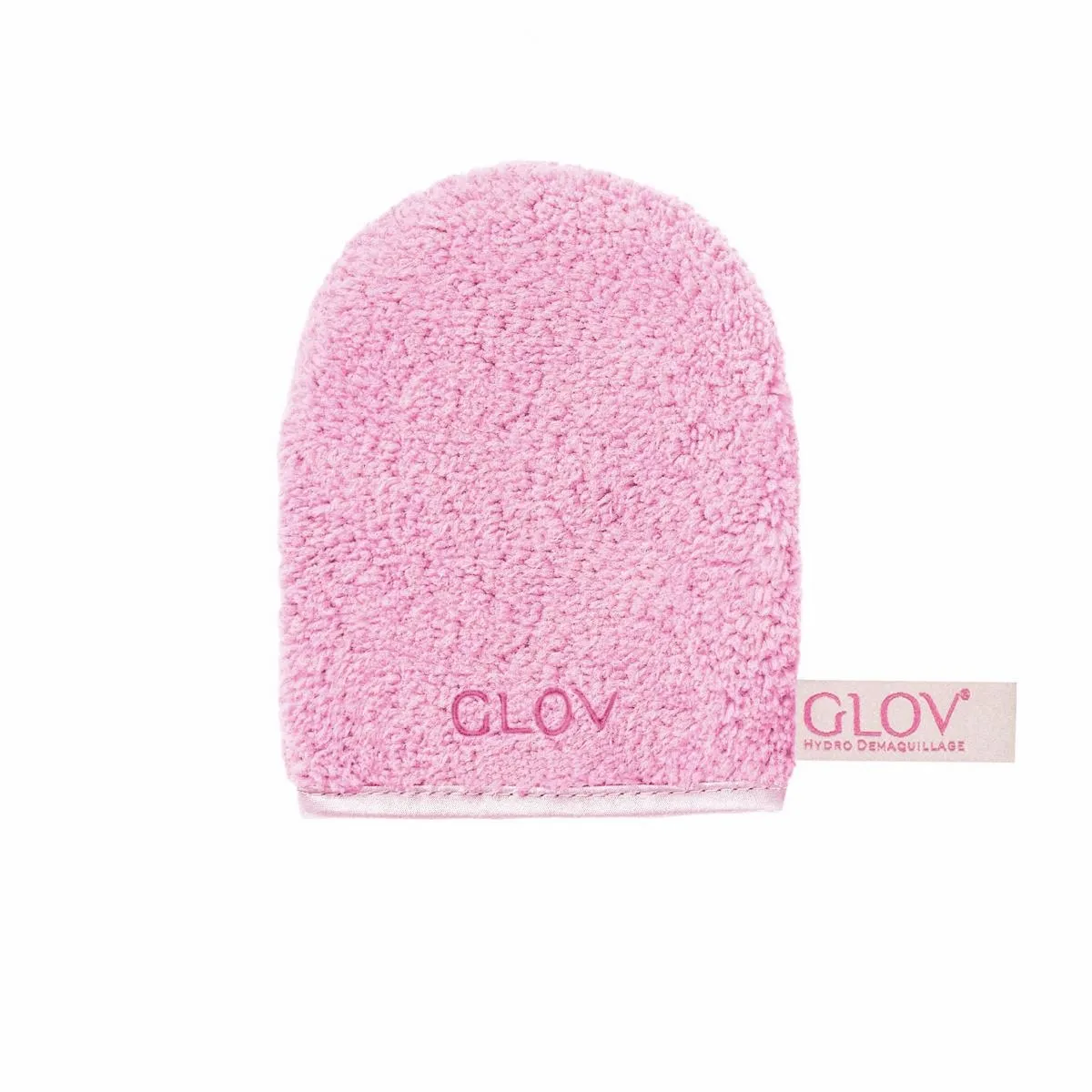 Ein rosa GLOV Hydro Demaquillage Abschminkhandschuh auf weißem Hintergrund.