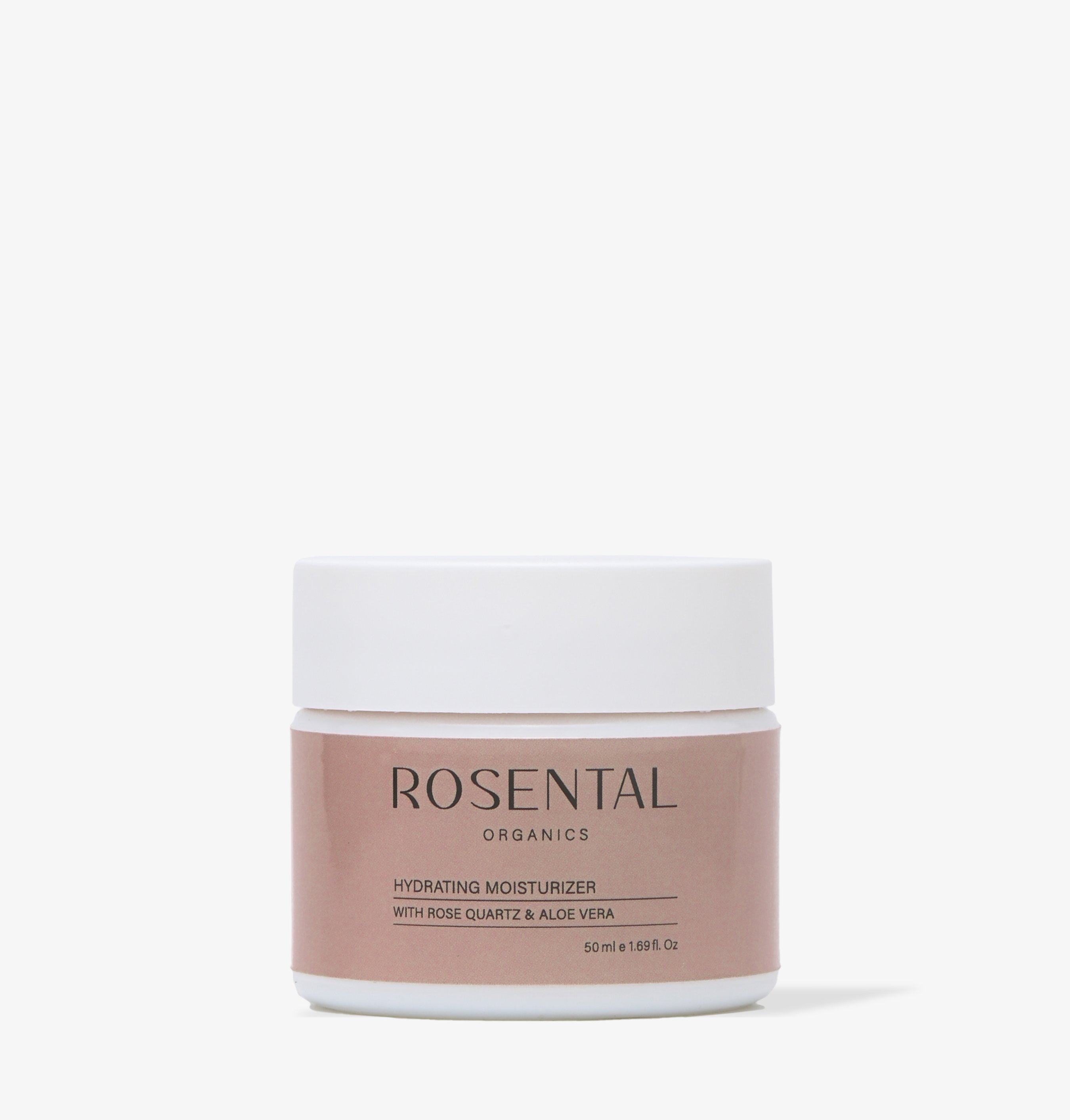 4260576410511-1 Rosental Organics Feuchtigkeitscreme mit Rosenquarz und Aloe Vera in einem weißen Tiegel mit rosa Etikett, 50 ml.