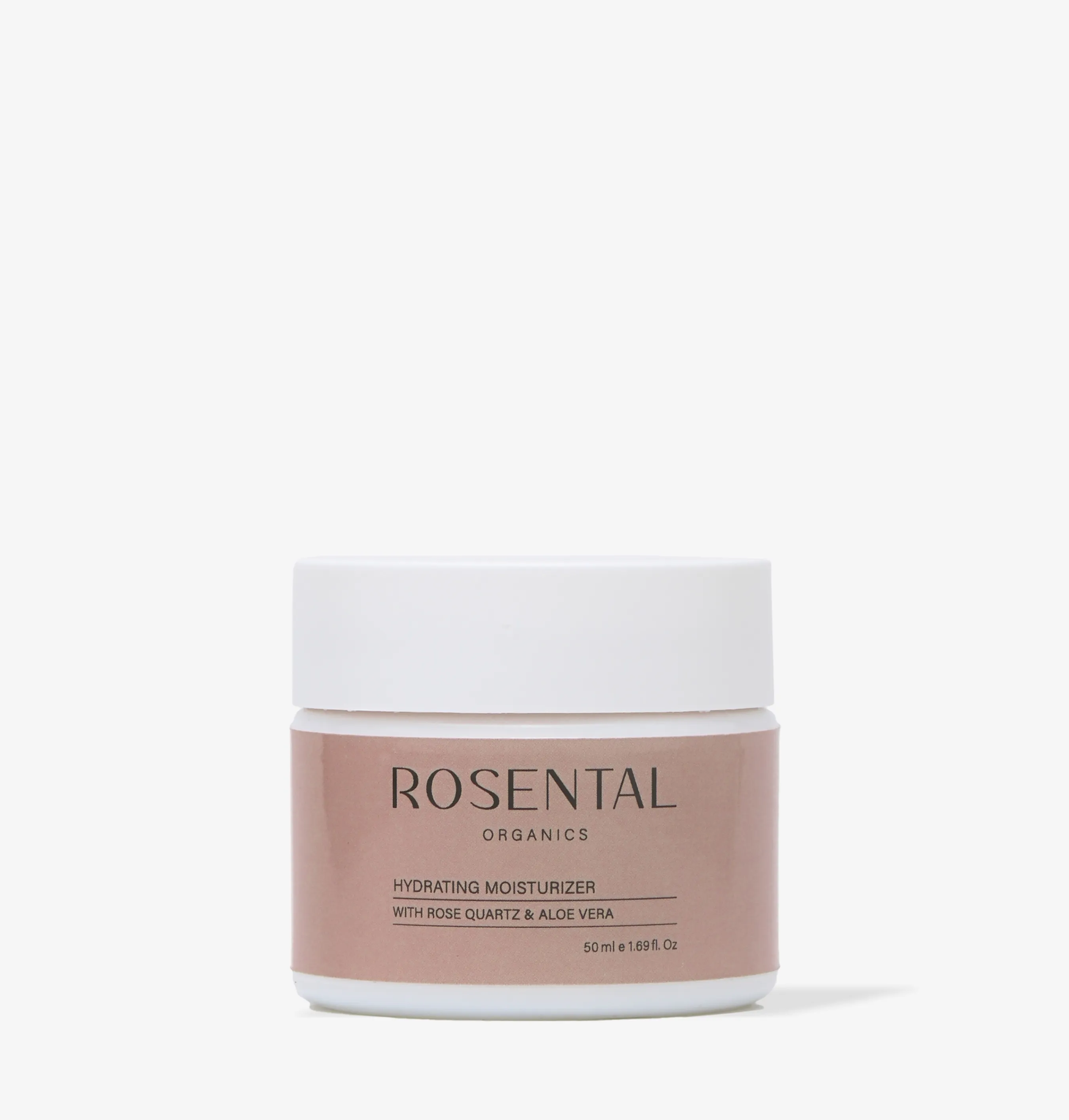 Rosental Organics Feuchtigkeitscreme mit Rosenquarz und Aloe Vera in einem weißen Tiegel mit rosa Etikett, 50 ml.