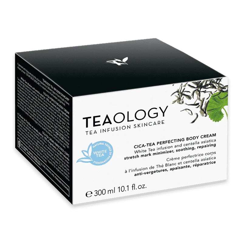 Schwarze Box der Teaology Cica-Tea Perfecting Body Cream, 300 ml, mit weißem Text und Teeblatt-Grafik.