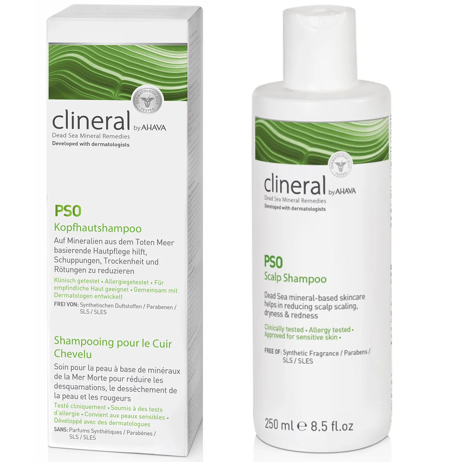 Clineral PSO Kopfhautshampoo, 250 ml Flasche und Verpackung, basierend auf Mineralien aus dem Toten Meer, für empfindliche Kopfhaut.