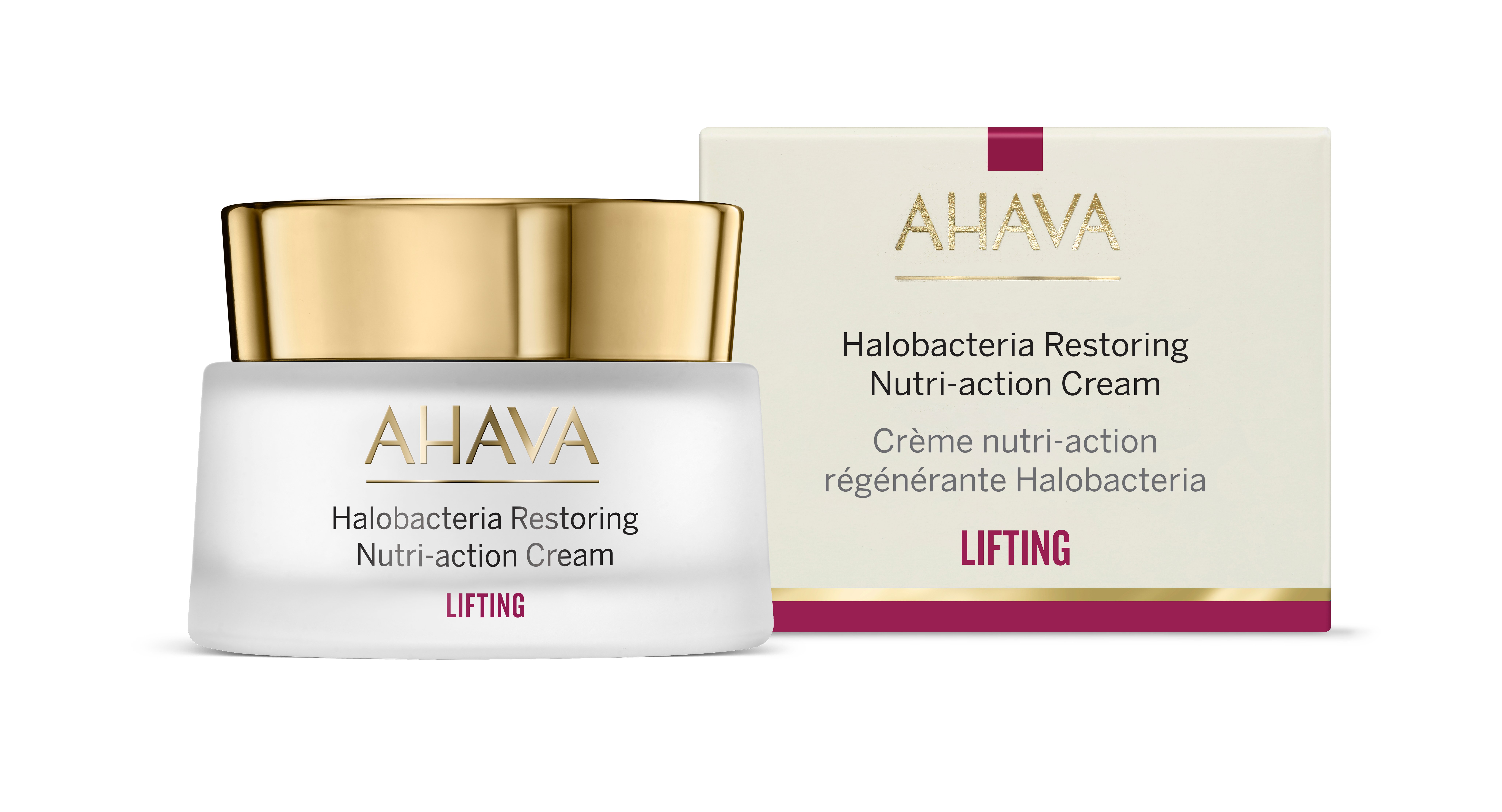AHAVA Halobacteria Restoring Nutri-action Creme in weißem Tiegel mit goldfarbenem Deckel und passender Verpackung.