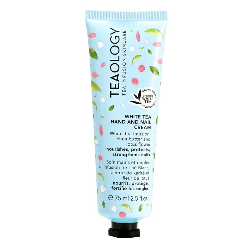 TEAOLOGY White Tea Hand and Nail Cream, 75 ml Tube, weiße Teeinfüsion, Sheabutter, Lotusblume, pflegt und stärkt Hände und Nägel.