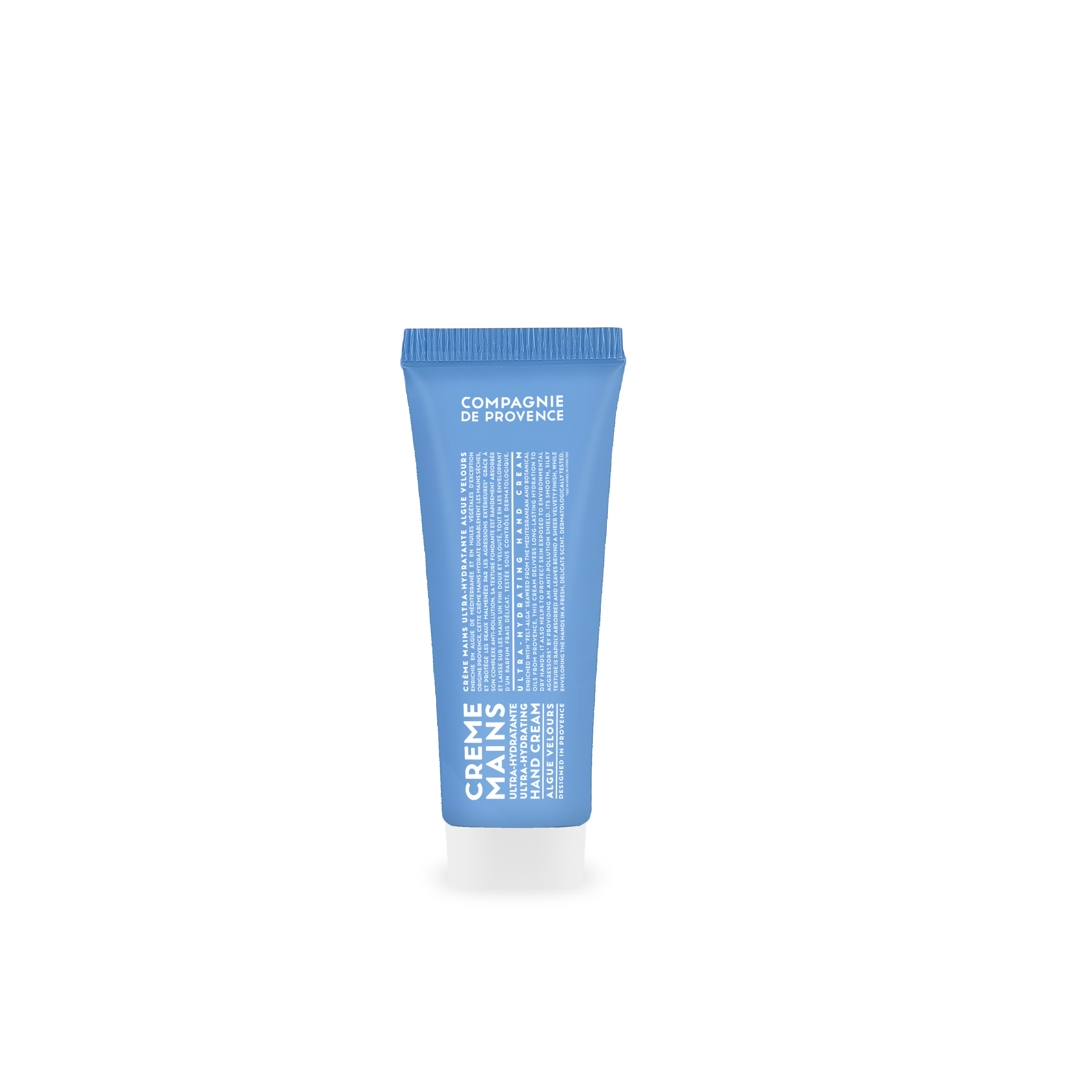 Blaues Handcreme-Tube 'Creme Mains' von Compagnie de Provence, 75ml, auf weißem Hintergrund.