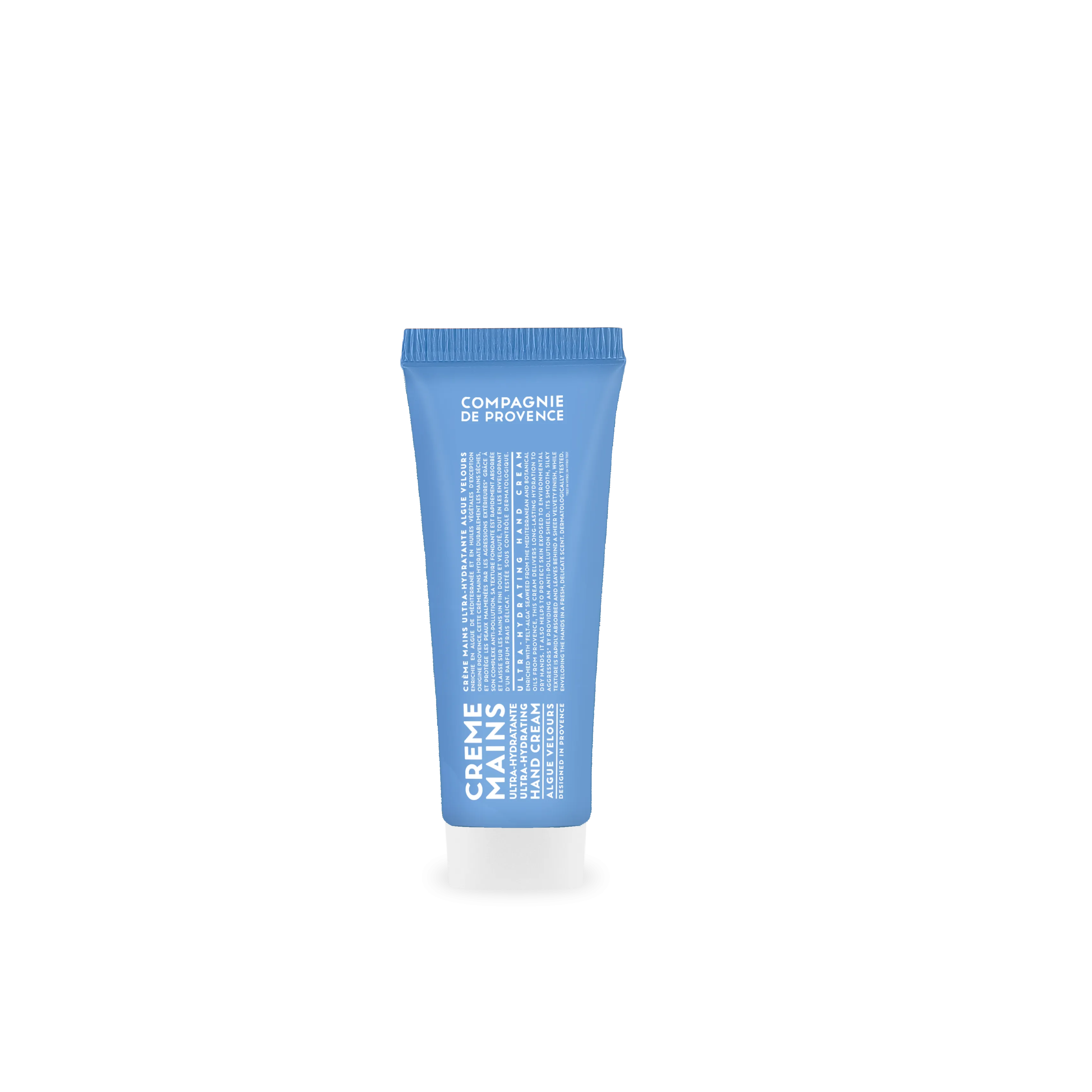 Blaues Handcreme-Tube 'Creme Mains' von Compagnie de Provence, 75ml, auf weißem Hintergrund.
