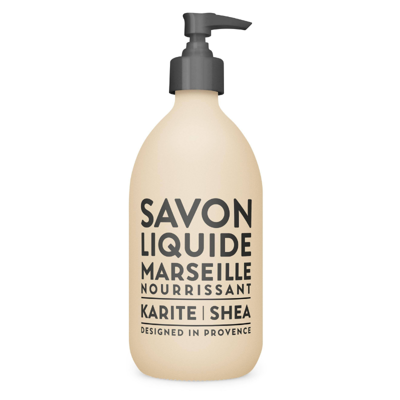 Flasche flüssige Seife aus Marseille mit Sheabutter, 300 ml, beige, mit schwarzem Pumpverschluss.
