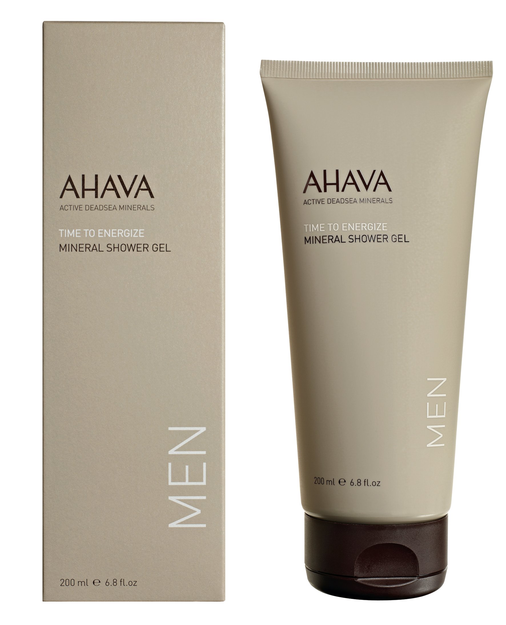 0697045151103 AHAVA Time to Energize Mineral Shower Gel für Männer, 200 ml Tube und Verpackung.