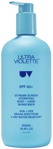 Blaues Fläschchen Ultra Violette SPF 50+ Extreme Screen Hydrating Body + Hand Sunscreen, 500 ml.