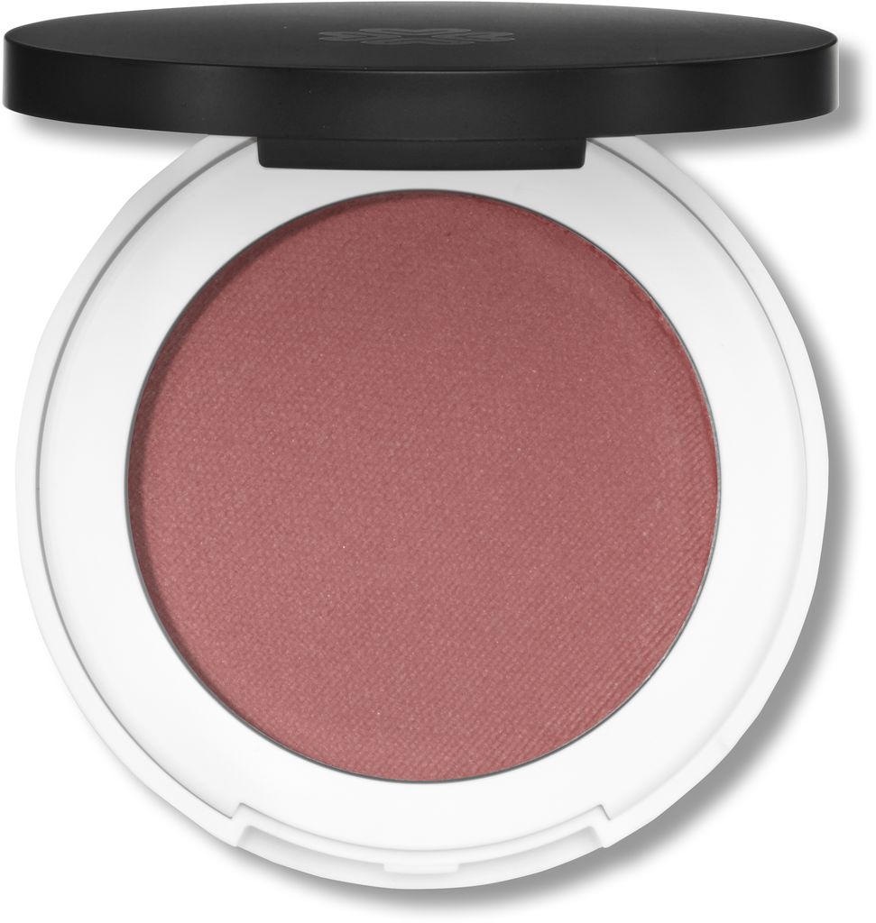 image_104485_1 Runder, geöffneter Behälter mit rosafarbenem Rouge und schwarzem Deckel.