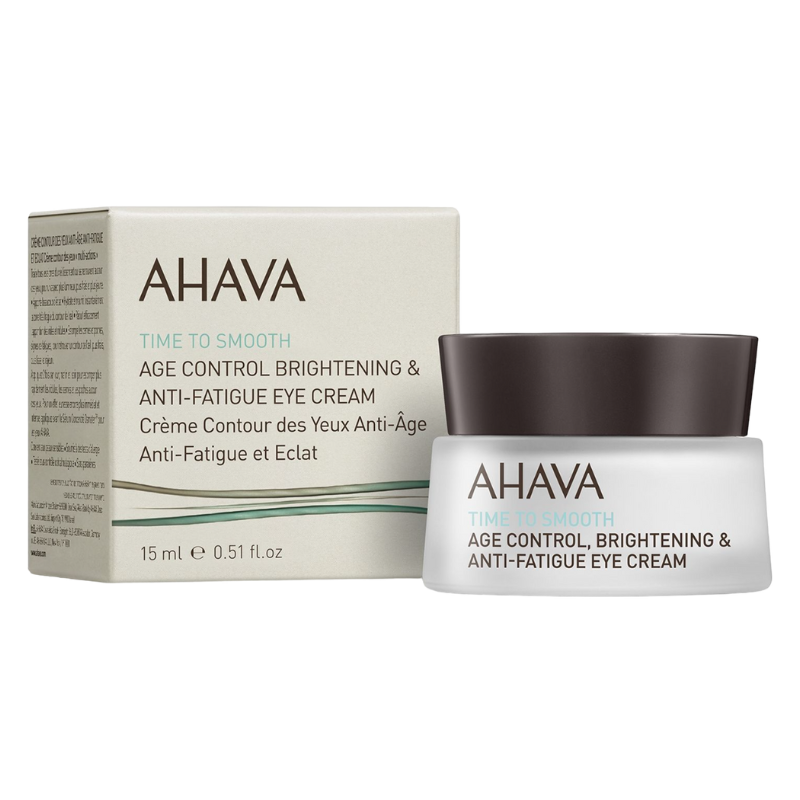 AHAVA-AGE-CONTROL-BRIGHTENING-_-ANTI-FATIGUE-EYE-CREAM AHAVA Age Control Brightening & Anti-Fatigue Eye Cream, 15 ml, Verpackung und Tiegel.