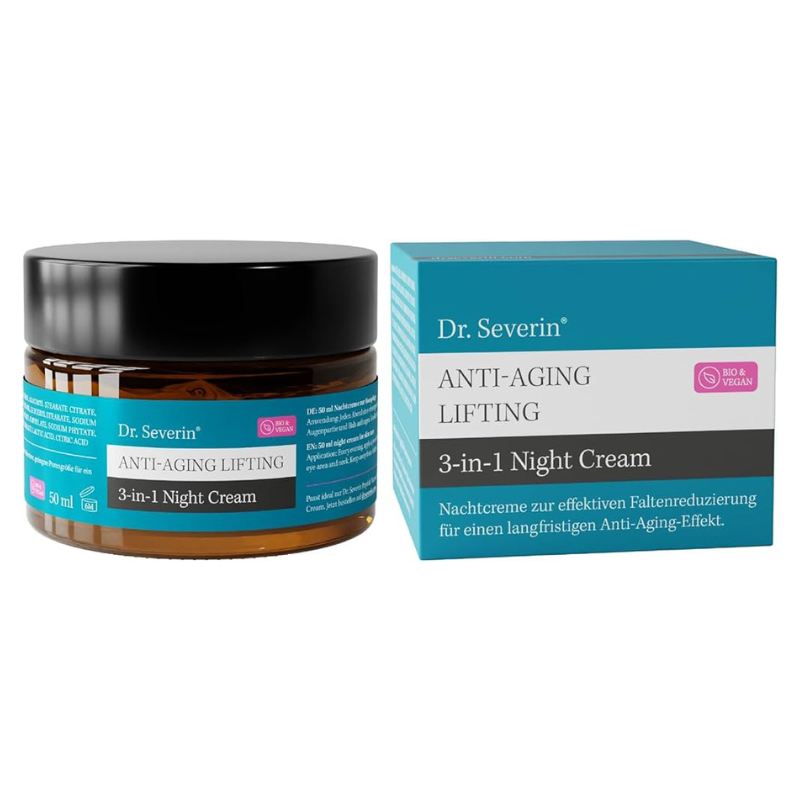 ANTI-AGING-LIFTING-3-IN-1-NIGHT-CREAM Dr. Severin Anti-Aging Lifting 3-in-1 Nachtcreme, 50 ml, Bio & Vegan, Verpackung und Tiegel, effektive Faltenreduzierung.