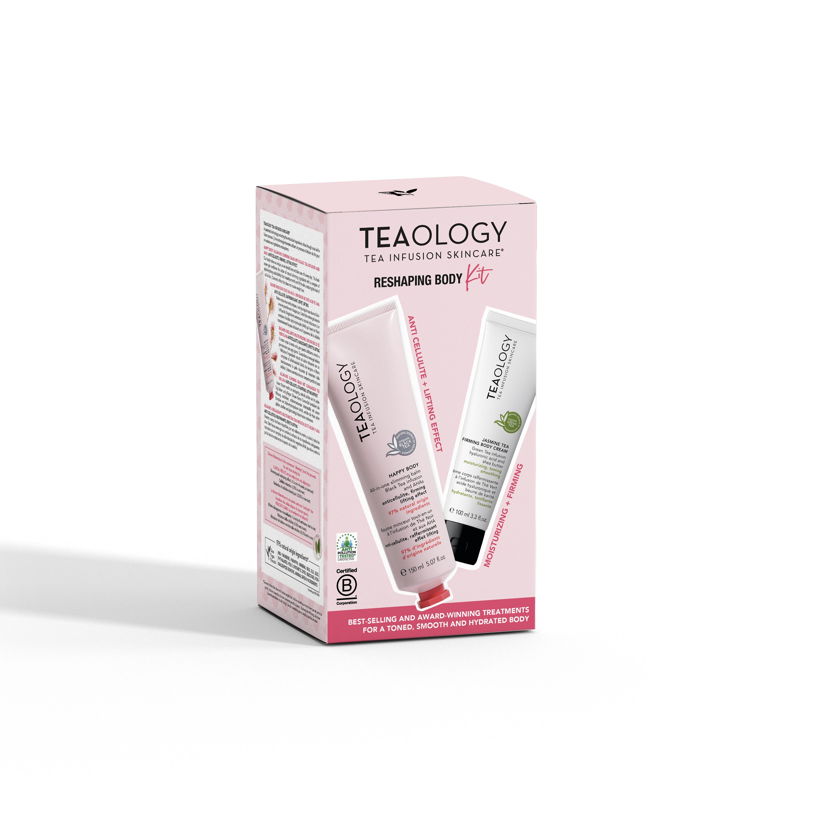 8050148506027_1-T50602-2024-rehsaping-body-kit Teaology Reshaping Body Kit Verpackung mit zwei Tuben, Vorder- und Rückseite sichtbar.