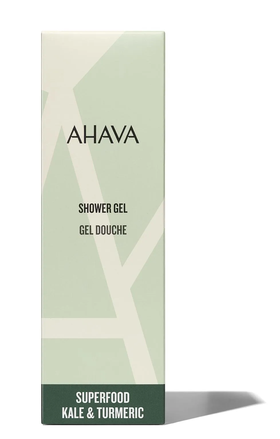 Verpackung des AHAVA Duschgels mit Superfood, Grünkohl und Kurkuma, in hellgrüner Schachtel.