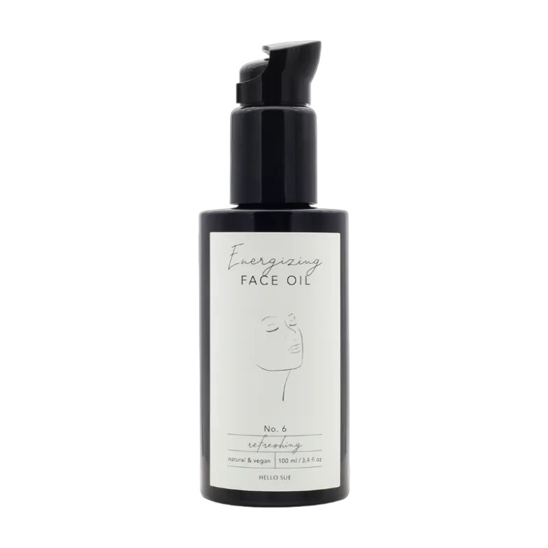 HELLO SUE No. 6 Energetisierendes Gesichtsöl, 100 ml, schwarzer Spender mit weißem Etikett.