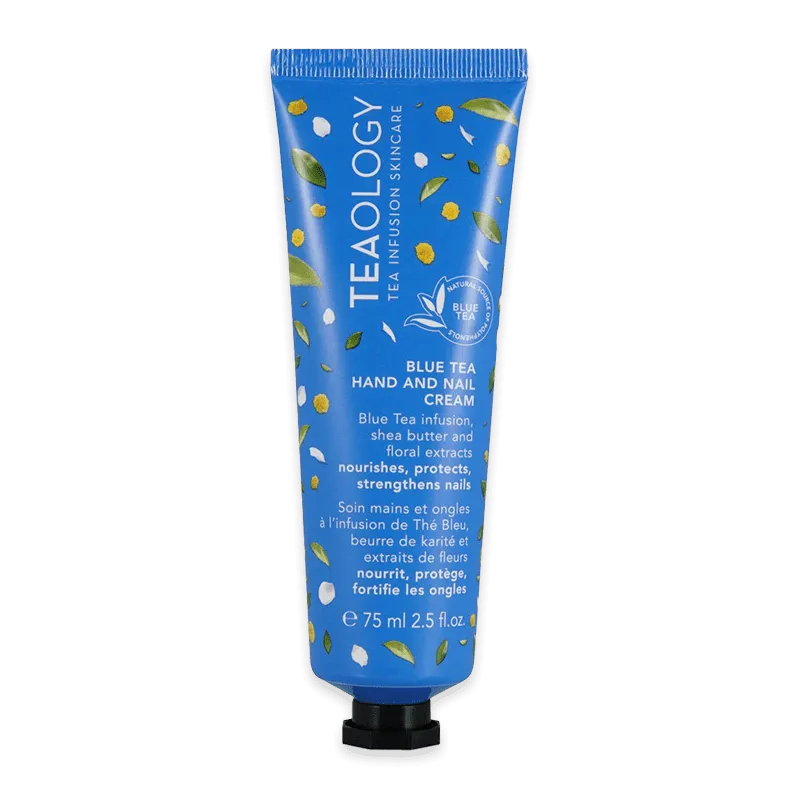 TEAOLOGY Blue Tea Hand and Nail Cream, 75 ml Tube, blaue Verpackung mit Blumenmuster.