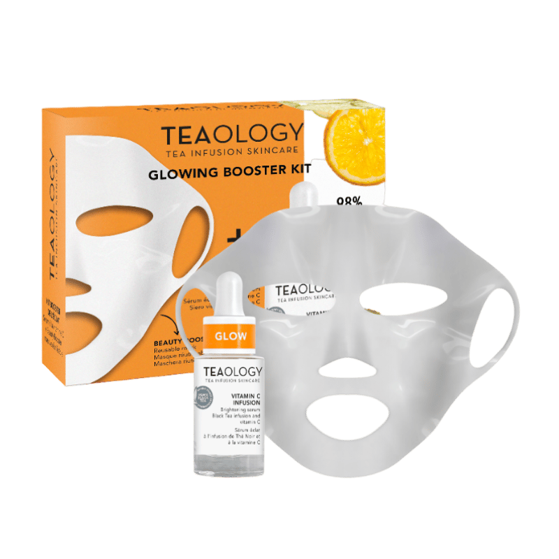 TEAOLOGY Glowing Booster Kit: Vitamin C Serum und Gesichtsmaske für strahlende Haut. Verpackung und Produkte im Bild.