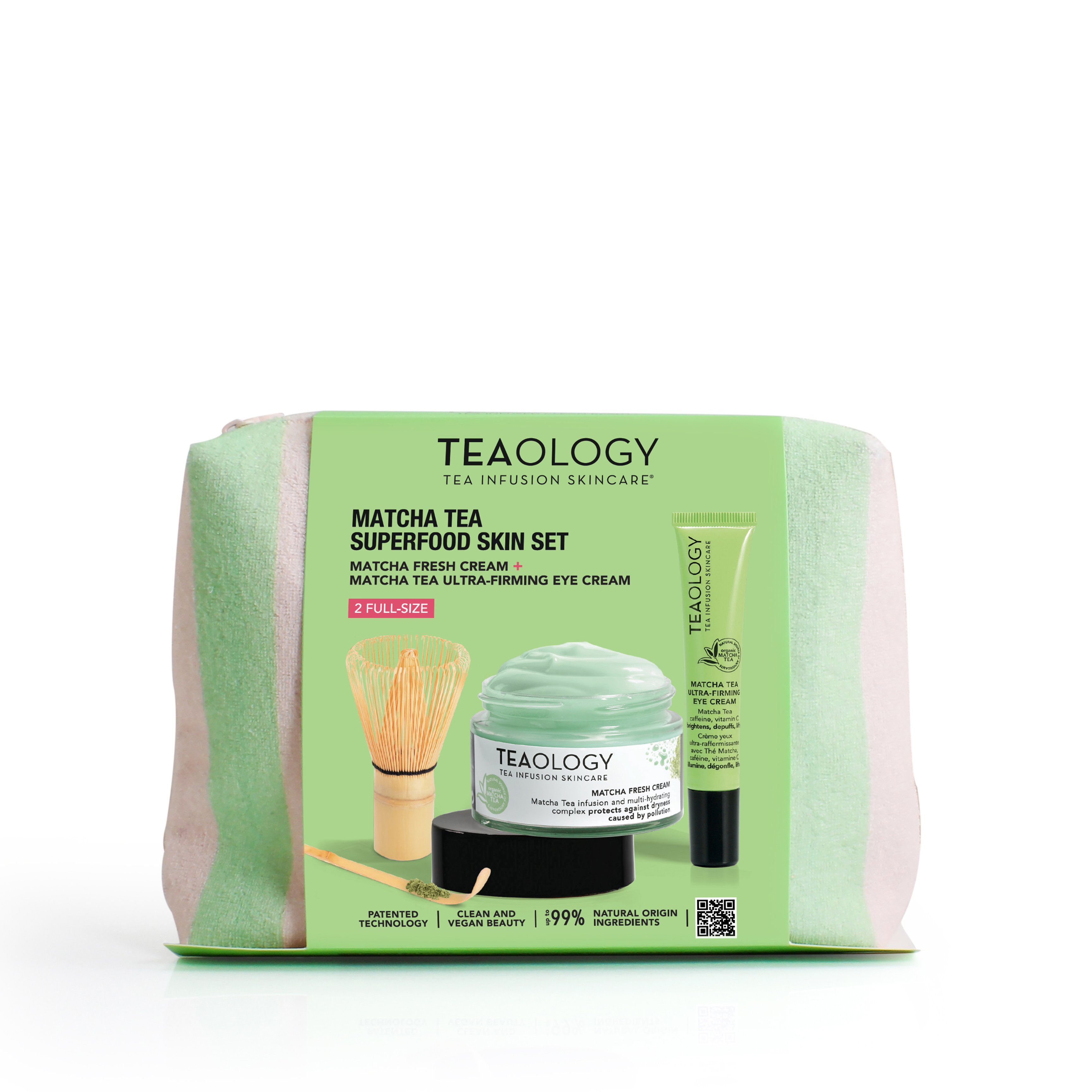 Matcha Tea Superfood Skin Set von Teaology mit Gesichtscreme, Augencreme, Matcha-Besen und Schale.