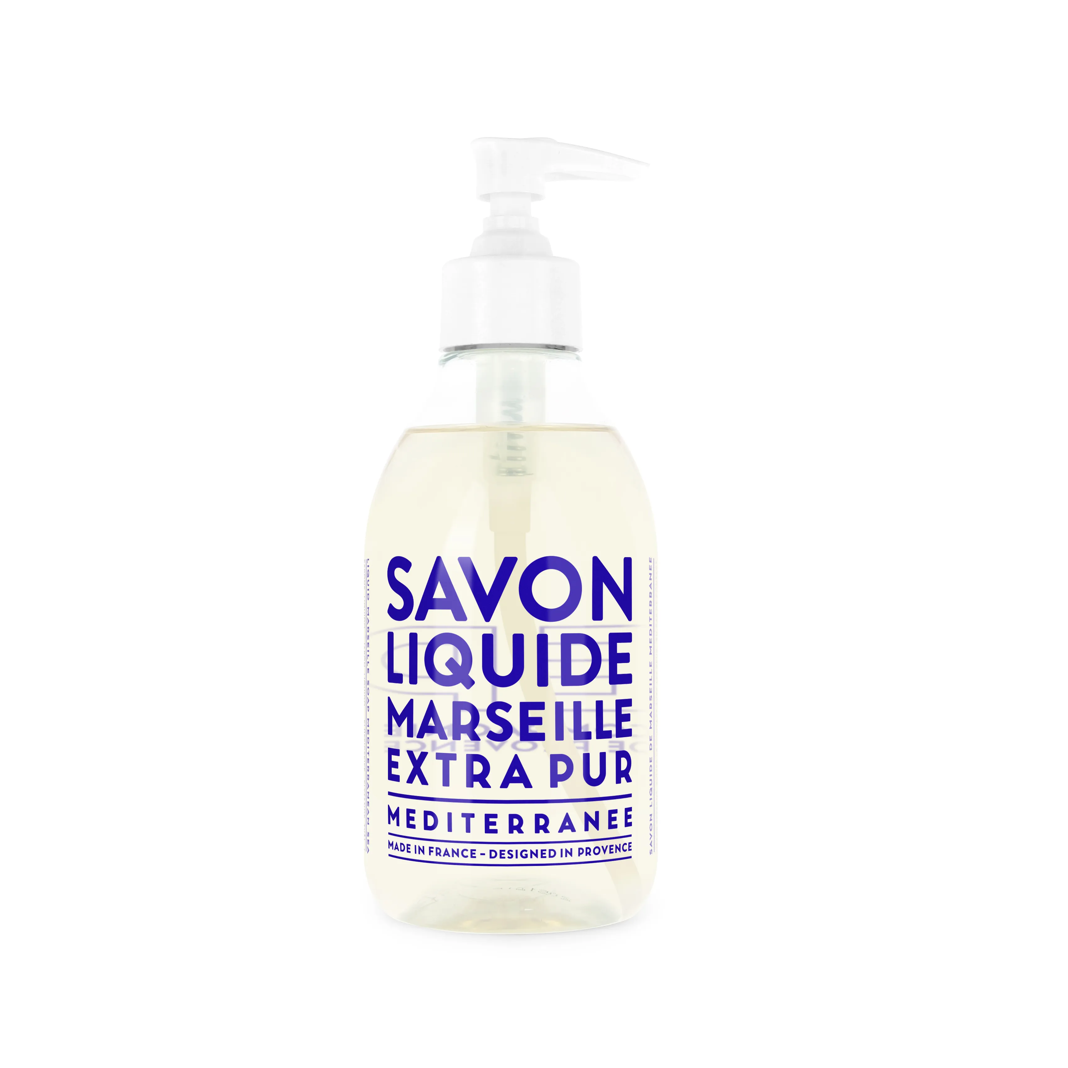 Flasche mit flüssiger Marseille-Seife, extra rein, Mediterranee, 300 ml.