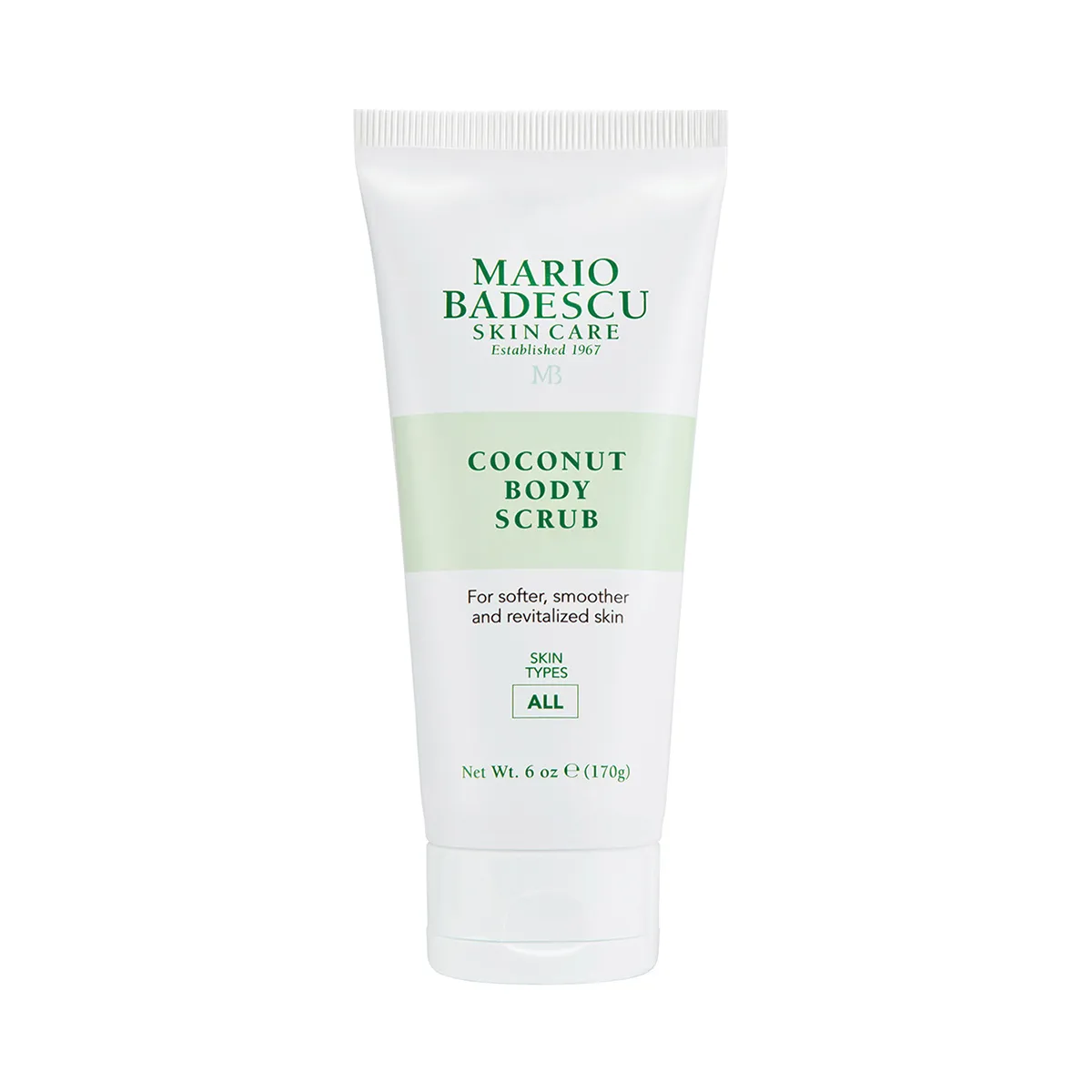 Tube mit Mario Badescu Coconut Body Scrub, 170g, auf weißem Hintergrund.
