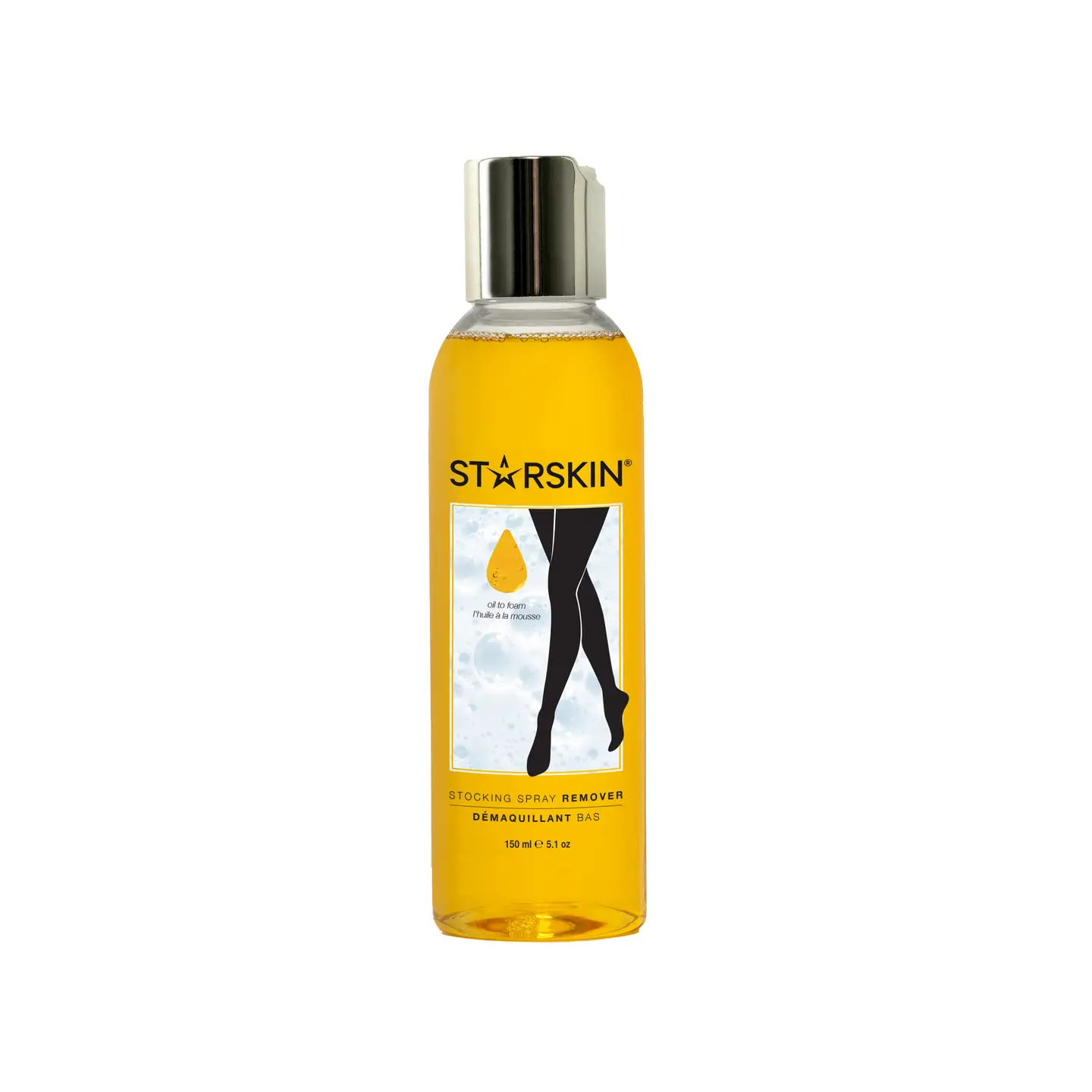 Eine Flasche Starskin Strumpfspray-Entferner mit gelber Flüssigkeit und schwarzem Etikett, 150 ml.