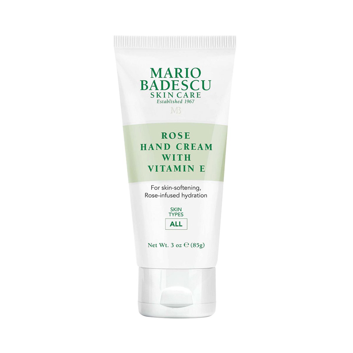 10423_0 Tube der Mario Badescu Rose Hand Cream mit Vitamin E auf weißem Hintergrund.