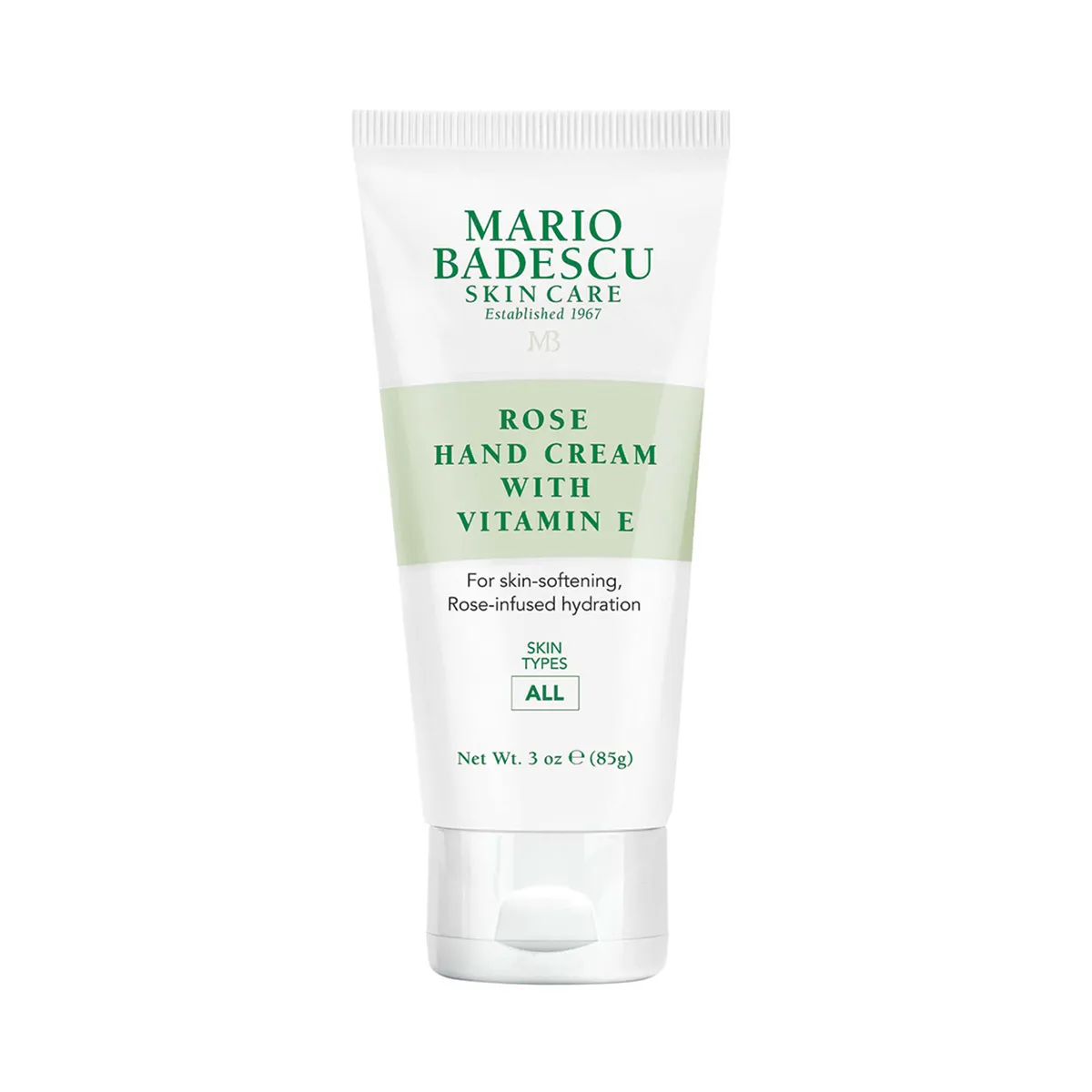 Tube der Mario Badescu Rose Hand Cream mit Vitamin E auf weißem Hintergrund.