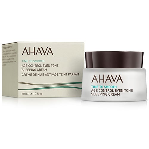 AHA82116466_d AHAVA Time to Smooth Age Control Even Tone Sleeping Cream, 50 ml, in Verpackung und Tiegel.