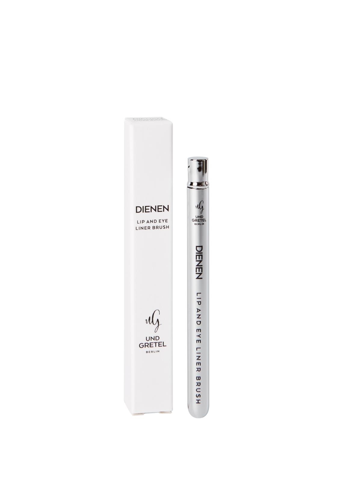 image_121809_2 Dienen Lip and Eye Liner Brush von Und Gretel, silberner Stift mit weißer Verpackung.