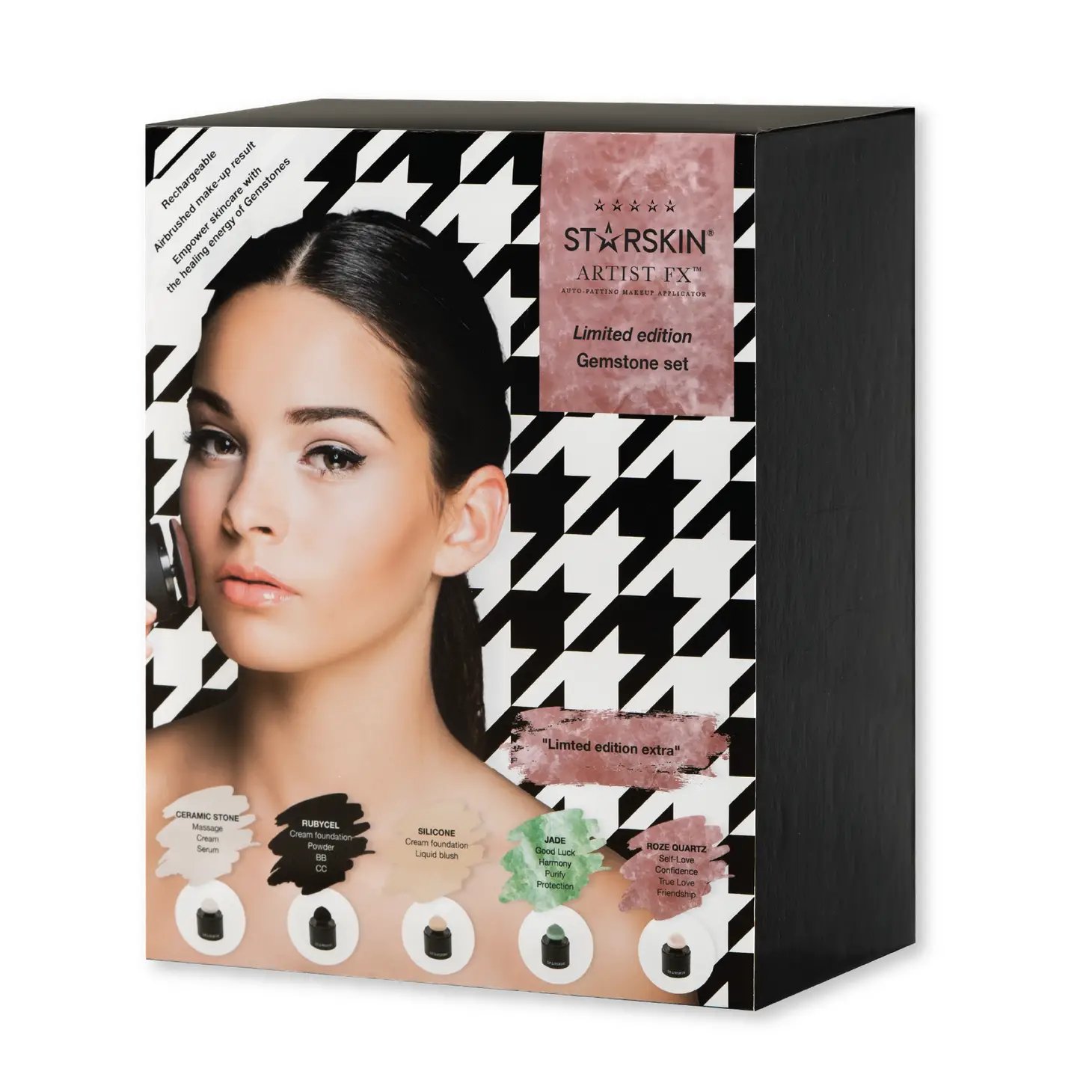 29E93A9D-E636-4D00-8D1F-077F8A191E02 Produktverpackung von Starskin Artist FX Limited Edition Gemstone Set mit Bild einer Frau und vier verschiedenen Masken.