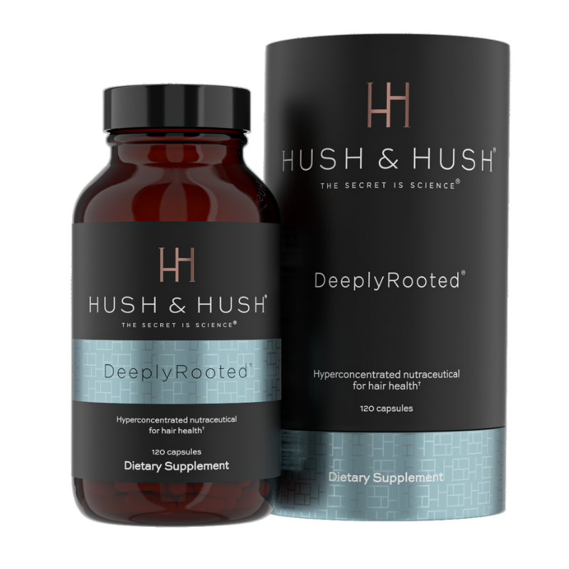 HUSH-HUSH-DEEPLYROOTED-8-1_3 Hush & Hush DeeplyRooted Nahrungsergänzungsmittel für Haarwachstum, 120 Kapseln, in brauner Flasche und schwarzer Verpackung.