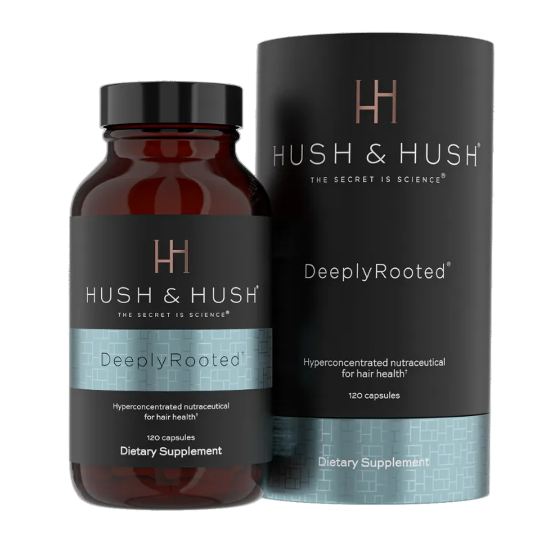 Hush & Hush DeeplyRooted Nahrungsergänzungsmittel für Haarwachstum, 120 Kapseln, in brauner Flasche und schwarzer Verpackung.