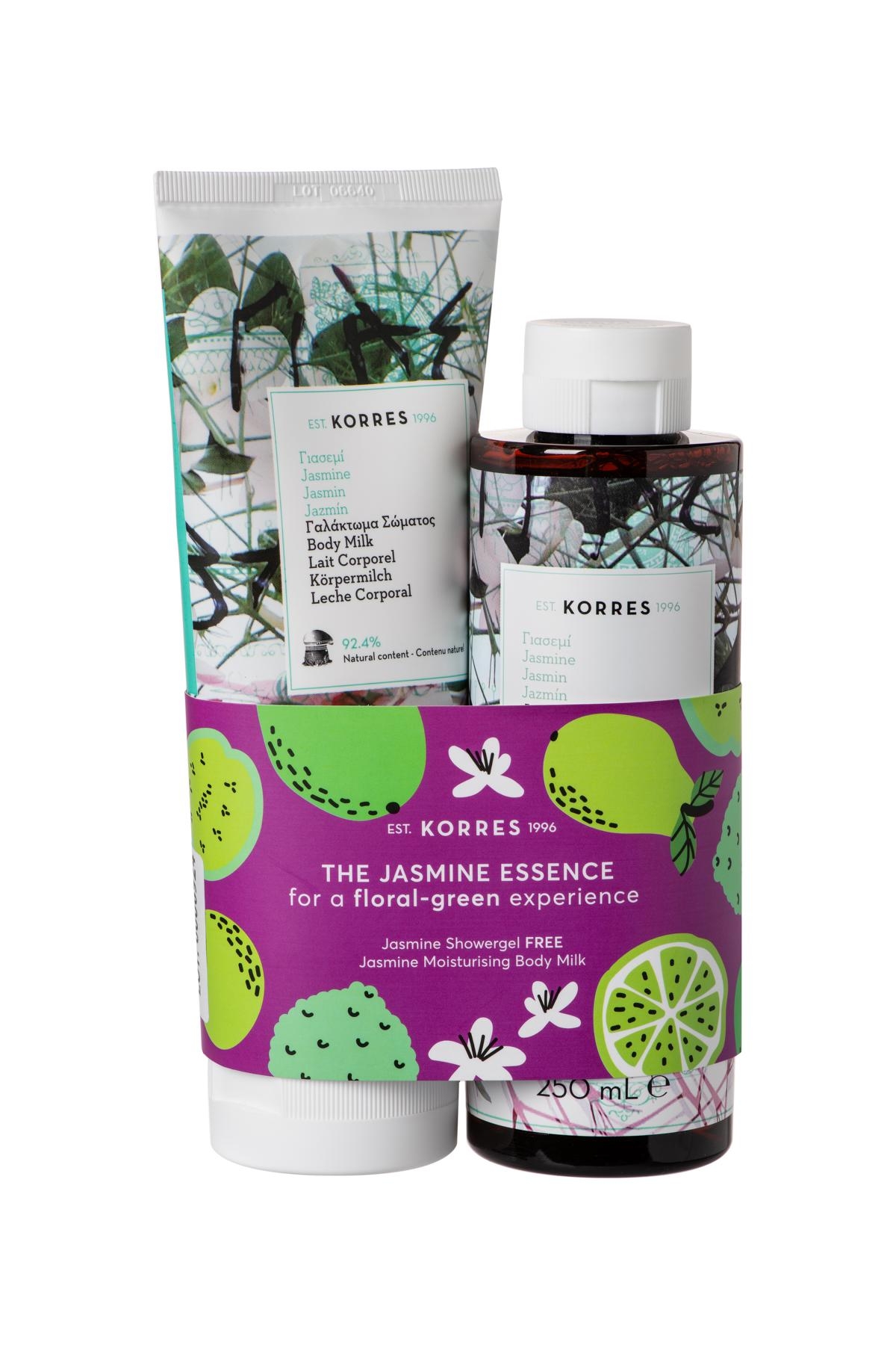 Korres Jasmine Essence Set: Duschgel und Körpermilch mit Jasmin-Duft, 250 ml. Verpackung mit grünen und lila Akzenten.