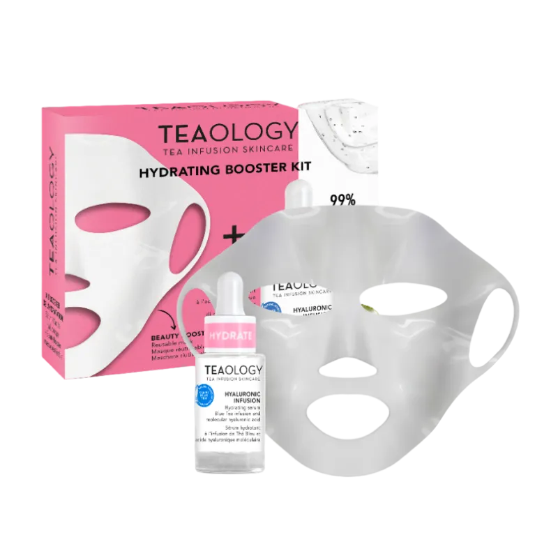 TEAOLOGY Hydrating Booster Kit mit Maske und Hyaluron-Serum vor rosa Verpackung.