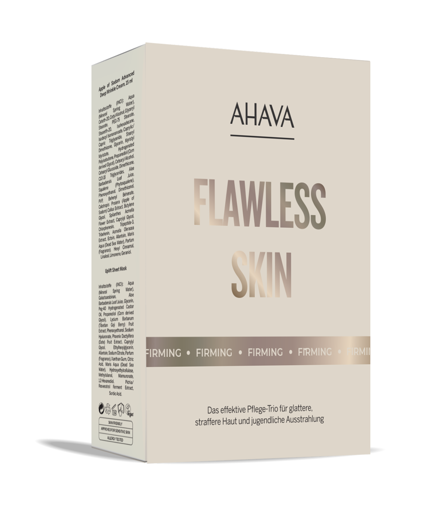 Verpackung des Ahava Flawless Skin Sets, ein Pflege-Trio für glattere, straffere Haut und jugendliche Ausstrahlung.