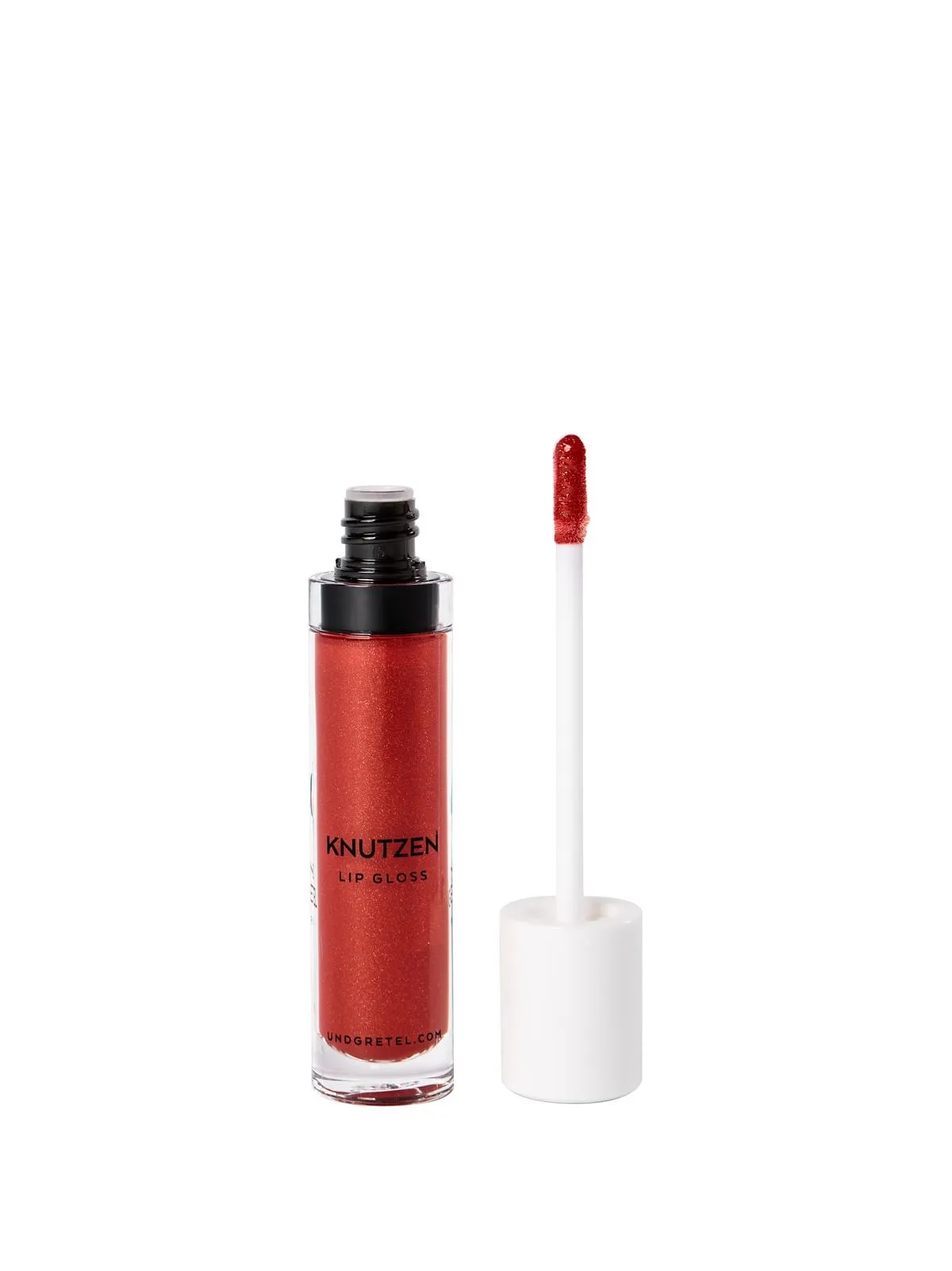 Roter Lipgloss in einer durchsichtigen Tube mit Applikator, Marke Knutzen.