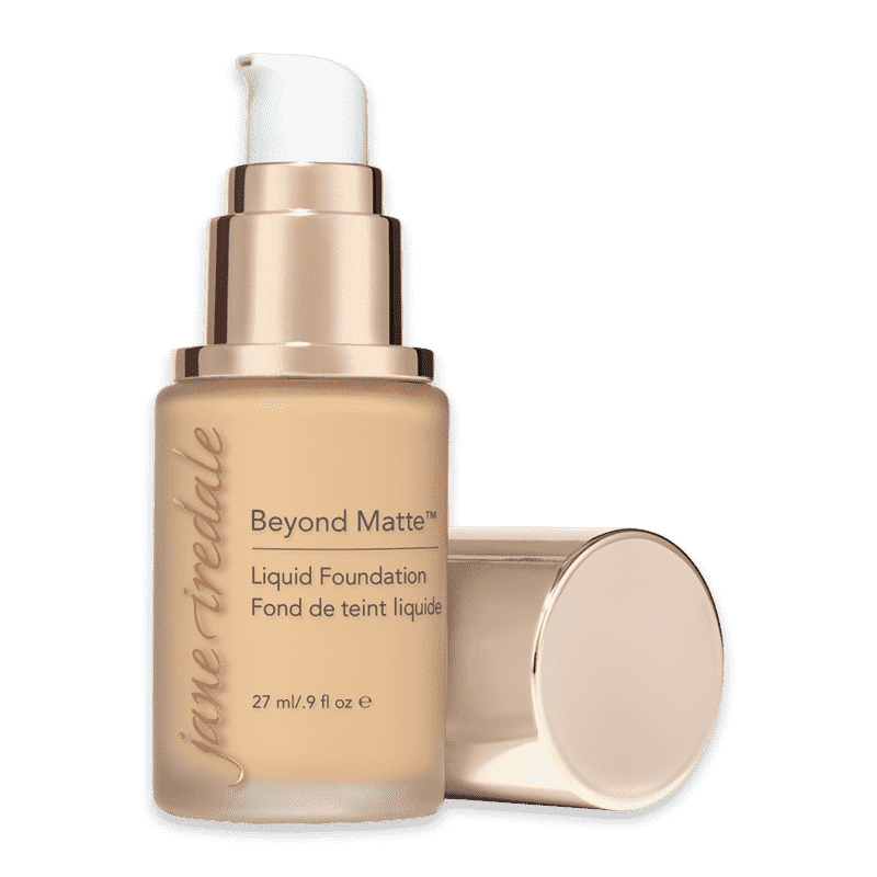 Flasche mit Jane Iredale Beyond Matte Liquid Foundation, 27 ml, mit abgenommenem Deckel.